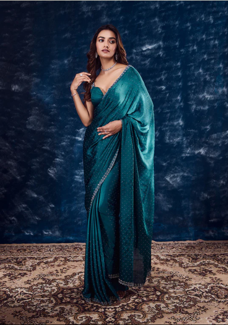 Turquoise Blue Stonework Satin Designer Saree