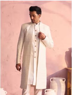 Vastramay Men's Cream Silk Blend Sherwani