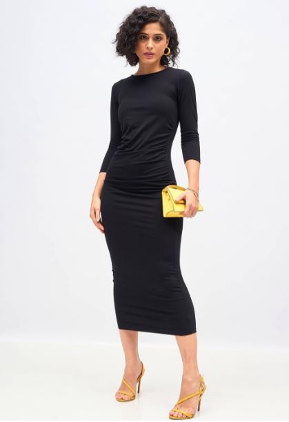 Solid Color Ruched Drawstring Midi Dress In Black