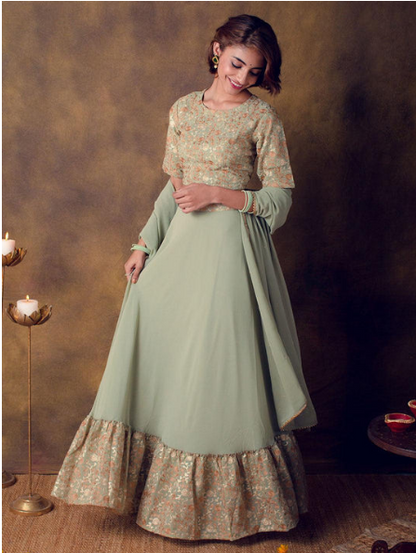 Sea Green Embroidered Georgette Lehenga Choli