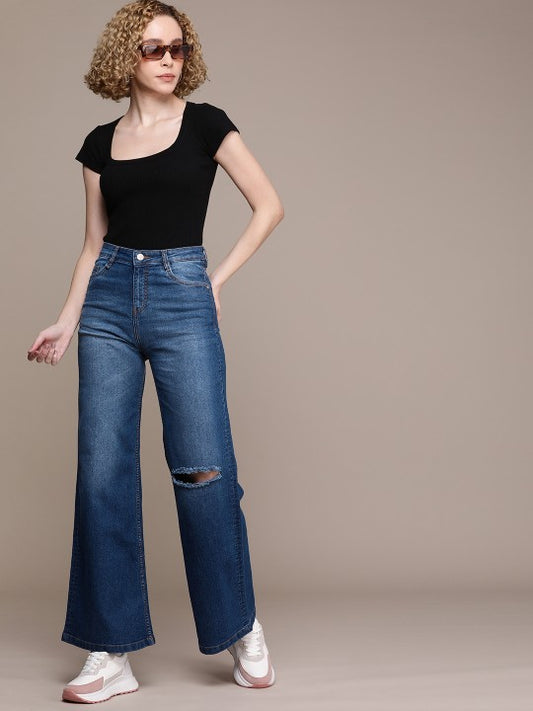 The Life Co Women. Wide Leg High-Rise Slash Knee Light Fade Stretchable Jeans by Myntra