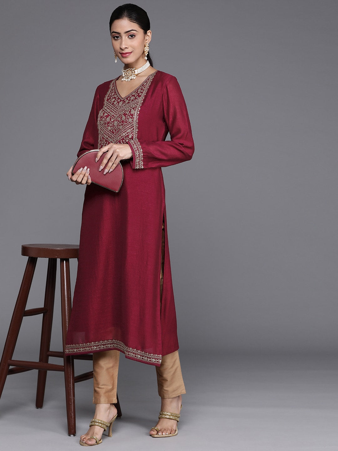 Women Maroon Ethnic Motifs Embroidered Embellished Yoke Design Kurta