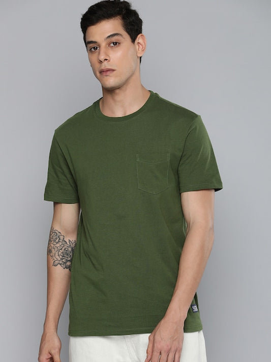 Men Green Solid Pure Cotton T-shirt