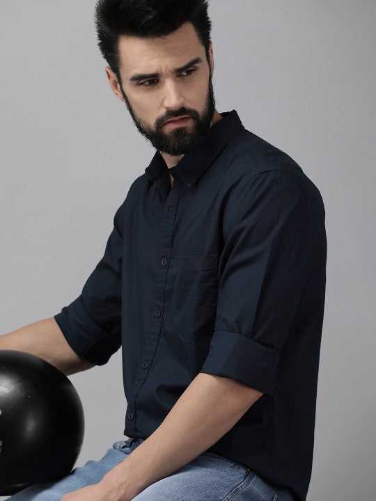 Men Navy Blue Pure Cotton Solid Classic Casual Shirt