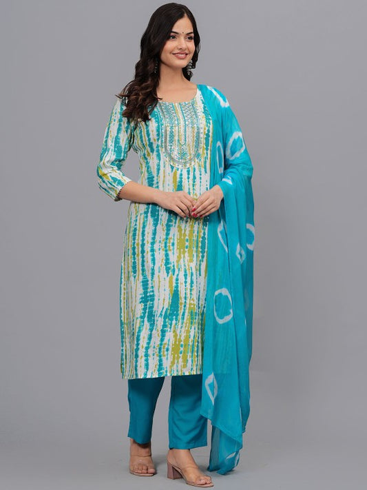 Ethnic Motifs Dyed Regular Sequinned Kurta With Trousers & Dupatta