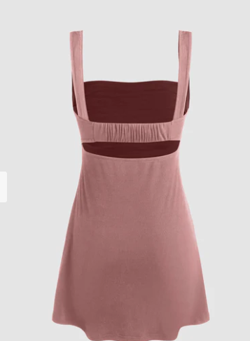 Ruched Square Neck Mini Dress In Dusty Pink