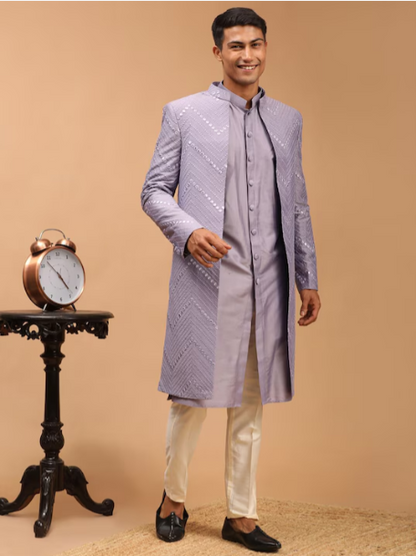 SHRESTHA BY VASTRAMAY Men Purple Mirror Work Front Open Sherwani Over Kurta Pyjama Set