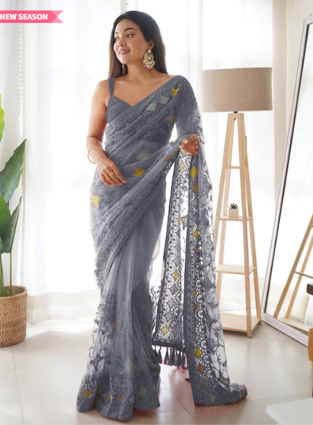 Saree mall Grey & Yellow Ethnic Motifs Embroidered Net Saree