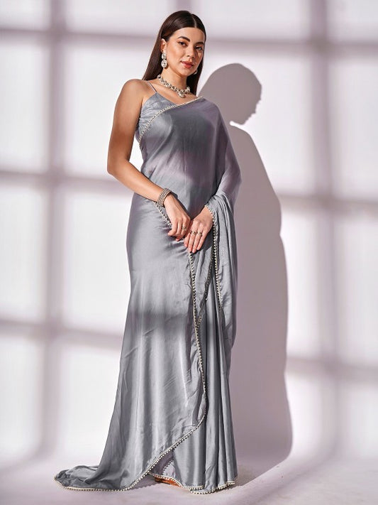 Grey Beads and Stones Pure Georgette Saree