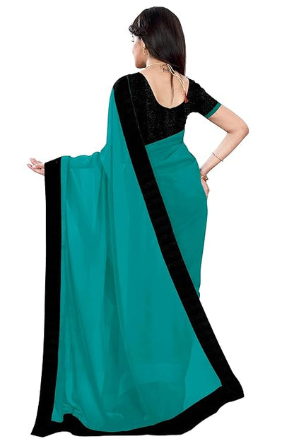 SOURBH Women's Faux Georgette Solid Contrast Lace Border Sari with Blouse Saree