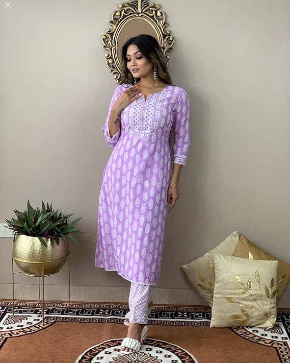 Women's Cotton Blend Straight Printed Kurta with Pant & Dupatta