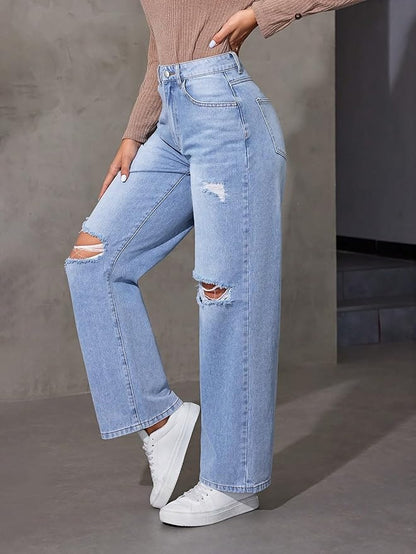 Women Wide Leg High Waist Distress Ice Blue Jeans Pant Jeans