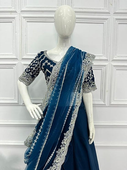 infloura Women's And Girls Blooming Vichitra Fabric Stiched Rama Blue Color Lehenga Saree With Full-stitch Blouse With Dupatta