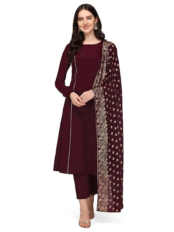 Women's Maroon Poly Crepe A-Line Kurta Set With Dupatta