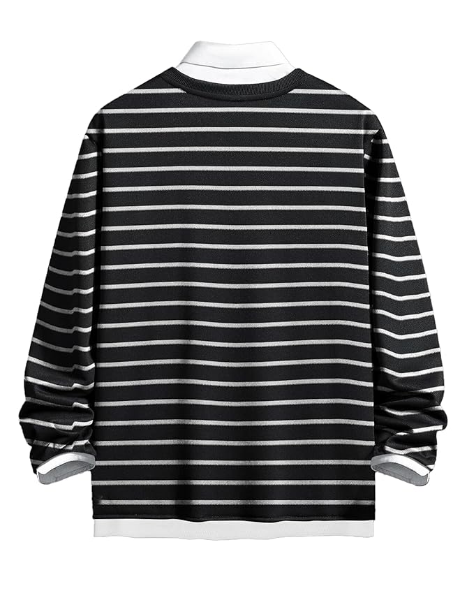 Mens Striped Polo Neck Full Sleeve Black and White Cottonblend Slim Fit T-Shirt