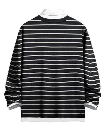 Mens Striped Polo Neck Full Sleeve Black and White Cottonblend Slim Fit T-Shirt