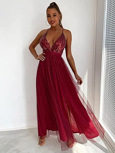 Sequin Prom Dresses with Slit Spaghetti Strap Backless Tulle Evening Gowns Sleeveless V-Neck Women Long Dress