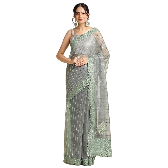 FABMORA Women's Embellished Designer Lycra Saree With Blouse Piece