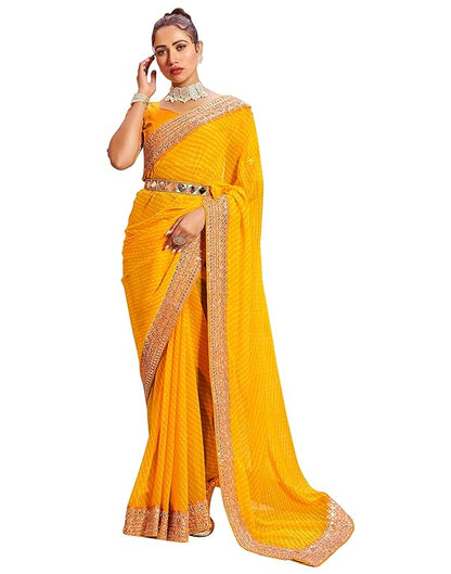 Women's Bandhani Printed & Embroidery Work In Lace Georgette Saree with Unstitched Blouse Piece