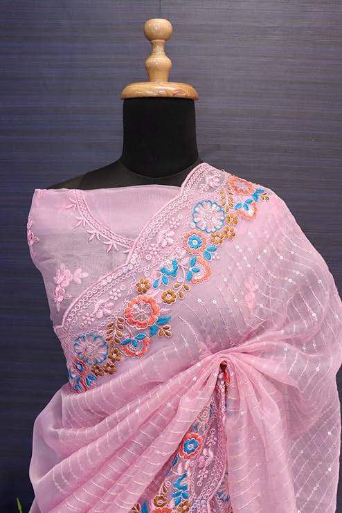 Organza Silk Fabric Saree With Embroidery Thread Sequins Work Bollywood Saree