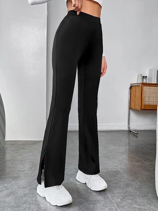 Women's Solid Side Split Hem Flare Leg Bell Bottom Pants Trouser