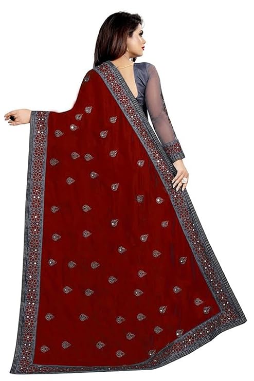 Women's Vichitra Silk Half & Half Embroidered Saree Diwa Half Maroon