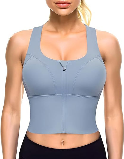 High-impact Velcro Sports Bra Adjustable Zip Front