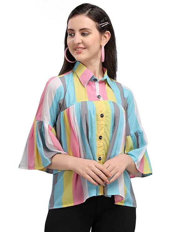 Women's Casual Bell Sleeves Colour Block Women's Multicolour Top