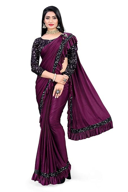 VILUCHI Women's Ready to Wear Lycra Squence Embroidered Saree