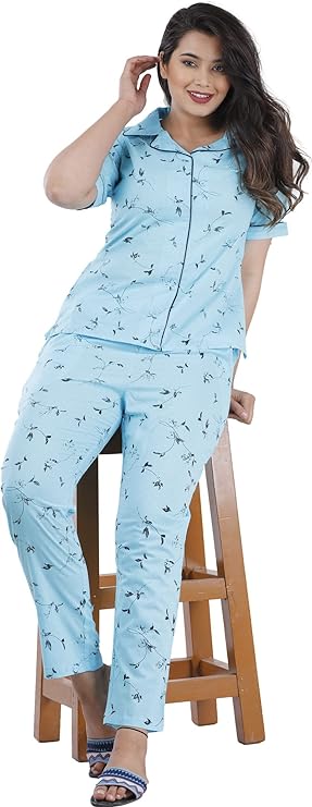 Women's Rayon Tringle Printed Night Suit Set of Shirt & Pyjama