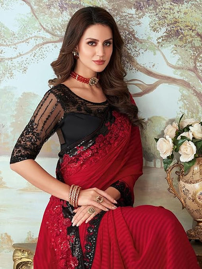 Women's And Girls Embroidery Lace & Sequence Embroidery Chiffon Saree With Unstitched Blouse Piece