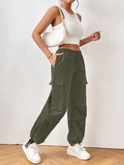 Women's & Girls' Solid Drawstring Waist Flap Pocket Side Parachute Cargo Pants