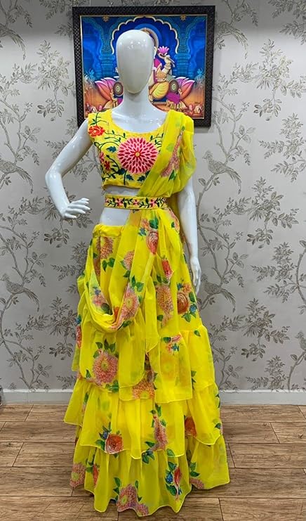 RANGOLI ART Womens And Girls yellow Lahengha Saree Silk Fabric With Digital Print With 3 Layer Ruffle With Belt Ruffle Ready to Wear Saree (FULL-STICHED