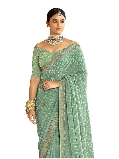 Women's Bandhani Printed & Embroidery Work In Lace Georgette Saree