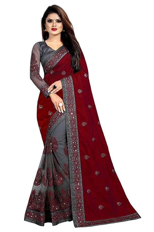 Women's Vichitra Silk Half & Half Embroidered Saree Diwa Half Maroon