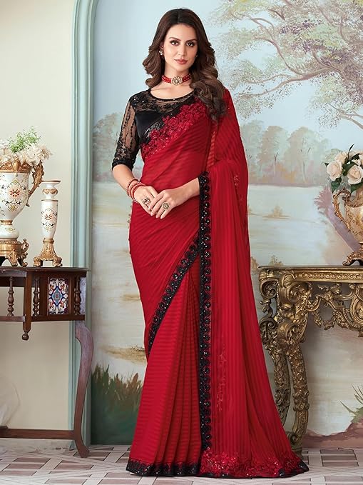 Women's And Girls Embroidery Lace & Sequence Embroidery Chiffon Saree With Unstitched Blouse Piece