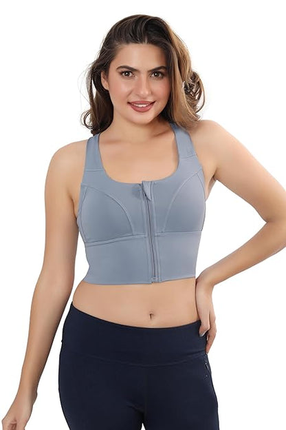 High-impact Velcro Sports Bra Adjustable Zip Front