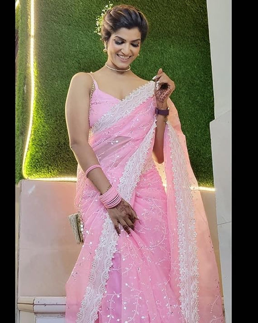 Saree For Women's And Girls Pink Colours Organza Silk Fabric With Embroidery Thread Sequence Work Saree bollywood type