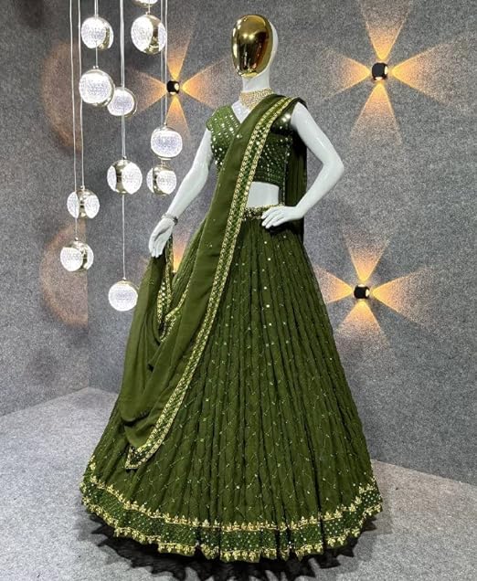 Women's Georgette Semi-stitched Green Lehenga Choli