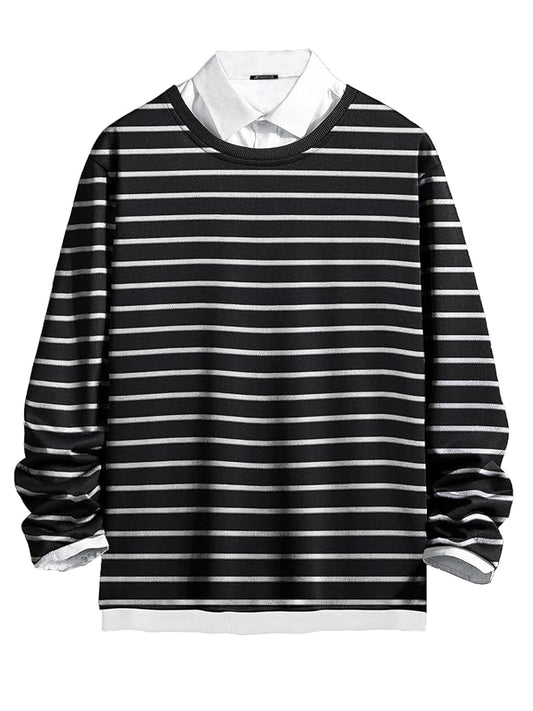 Mens Striped Polo Neck Full Sleeve Black and White Cottonblend Slim Fit T-Shirt