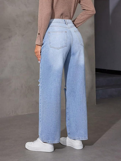 Women Wide Leg High Waist Distress Ice Blue Jeans Pant Jeans