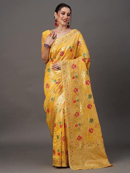 Women's Woven Design Zari Work Banarasi Silk Saree With Unstitched Blouse