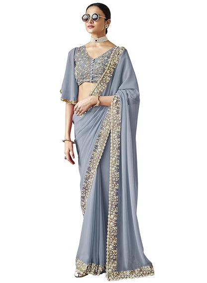 Women's Georgette Lakhanvi Embroidery with Sequence Moti work Women Saree