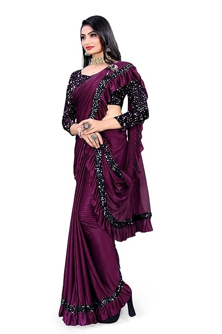 VILUCHI Women's Ready to Wear Lycra Squence Embroidered Saree