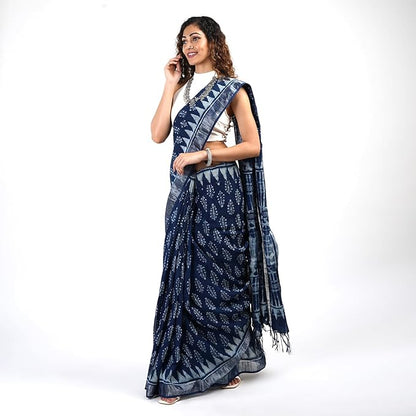 Block Print Linen Cotton Saree With Blouse Piece