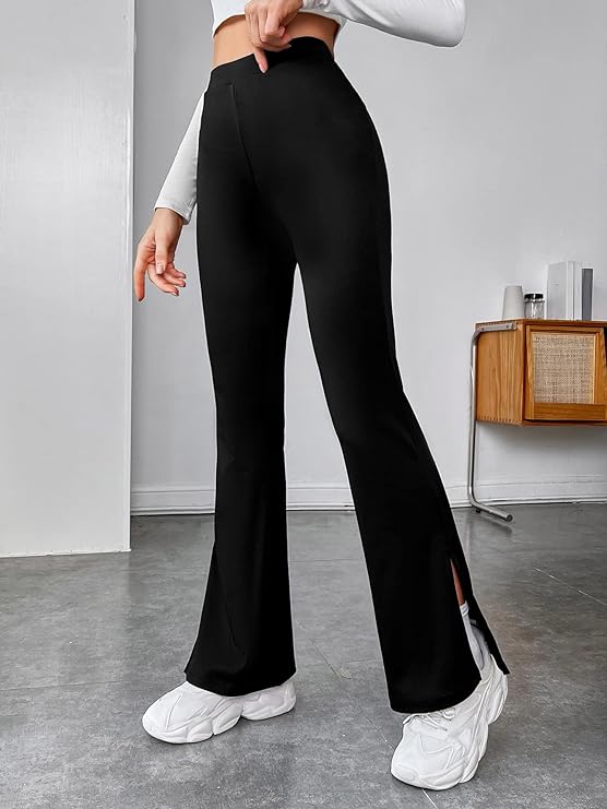 Women's Solid Side Split Hem Flare Leg Bell Bottom Pants Trouser