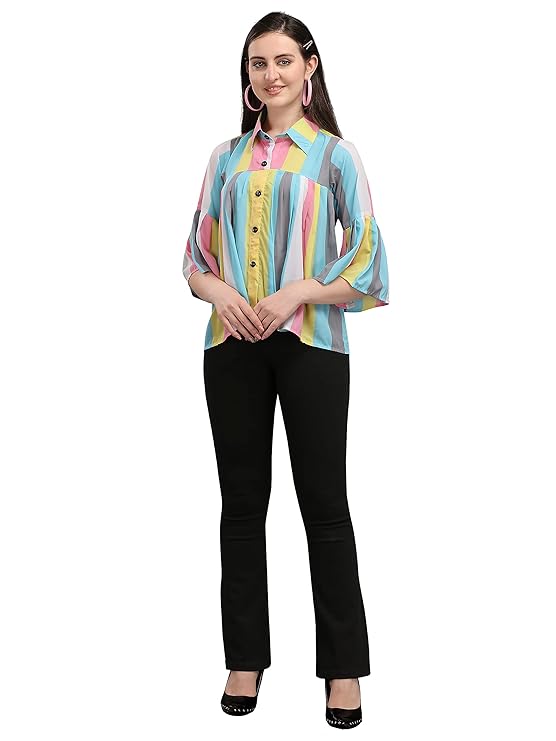 Women's Casual Bell Sleeves Colour Block Women's Multicolour Top