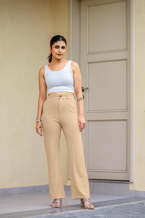 Women's High Rise Cotton Blend Relaxed Fit Trousers