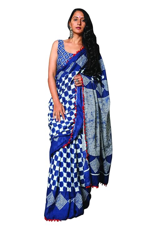 Shivanya Handicrafts Indigo Print Cotton Mulmul Saree for Women Attached Blouse Piece