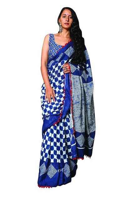 Shivanya Handicrafts Indigo Print Cotton Mulmul Saree for Women Attached Blouse Piece